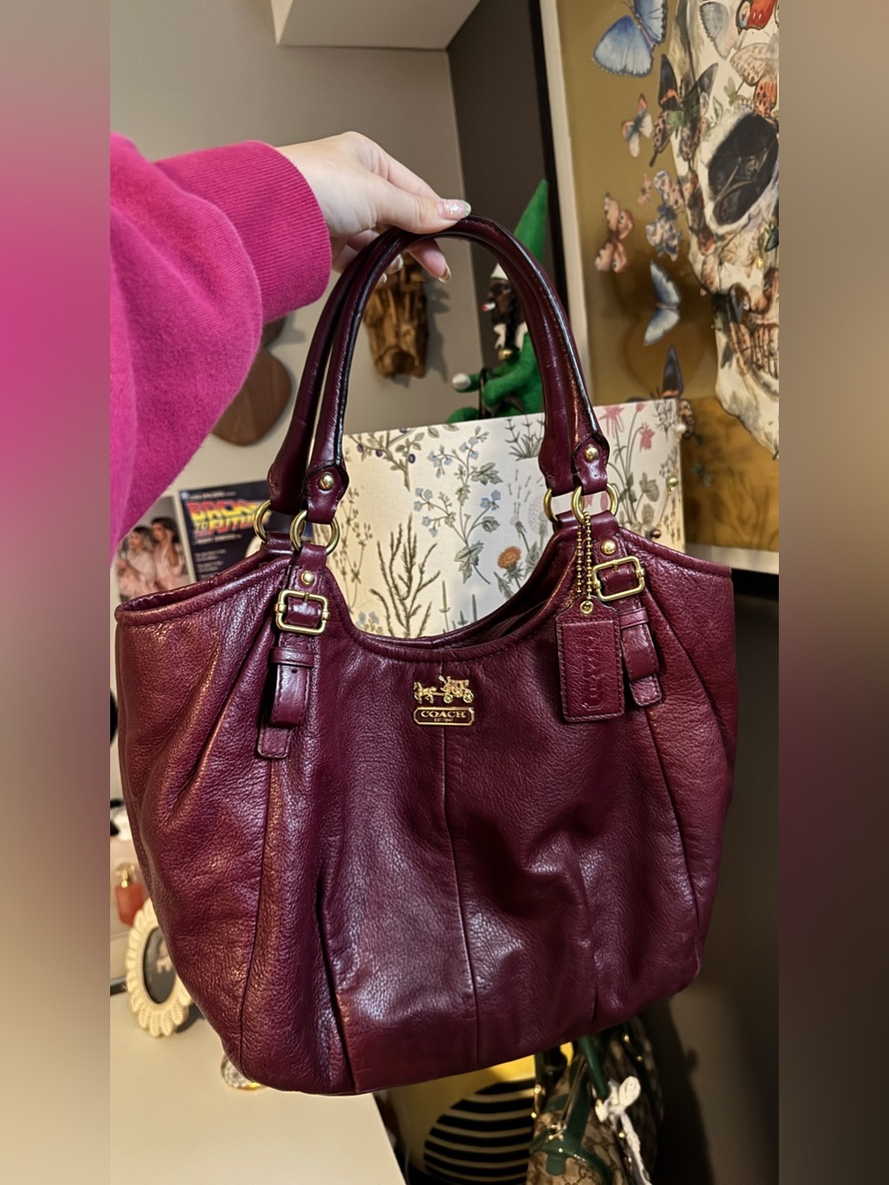 Coach Burgundy Pebbled Leather Shoulder Tote with Gold Hardware